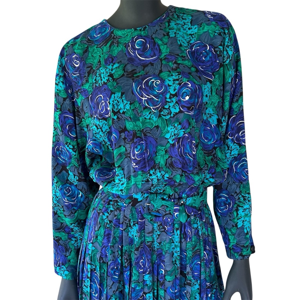 Vintage 80s Floral Dress Accordion Pleated Skirt Belt Office Church Modest